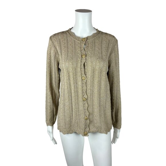 Vintage 80s Tan Cardigan Women's Medium Cable Knit Granny Sweater - Picture 2 of 10
